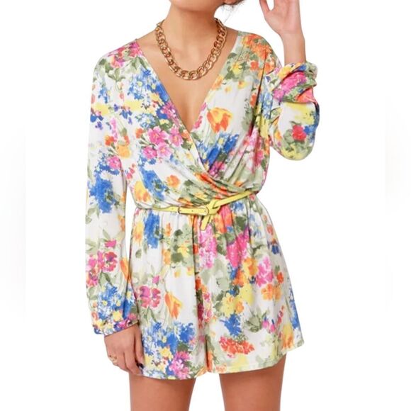 Lulus Camellia-on Club Ivory Floral Print Romper, Small - Picture 1 of 10